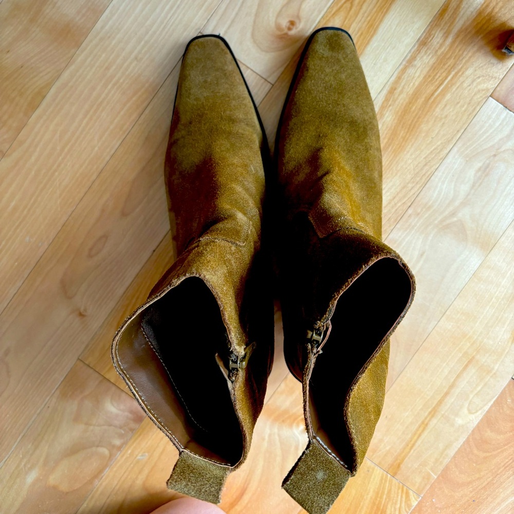 Camel color suede heeled ankle boots